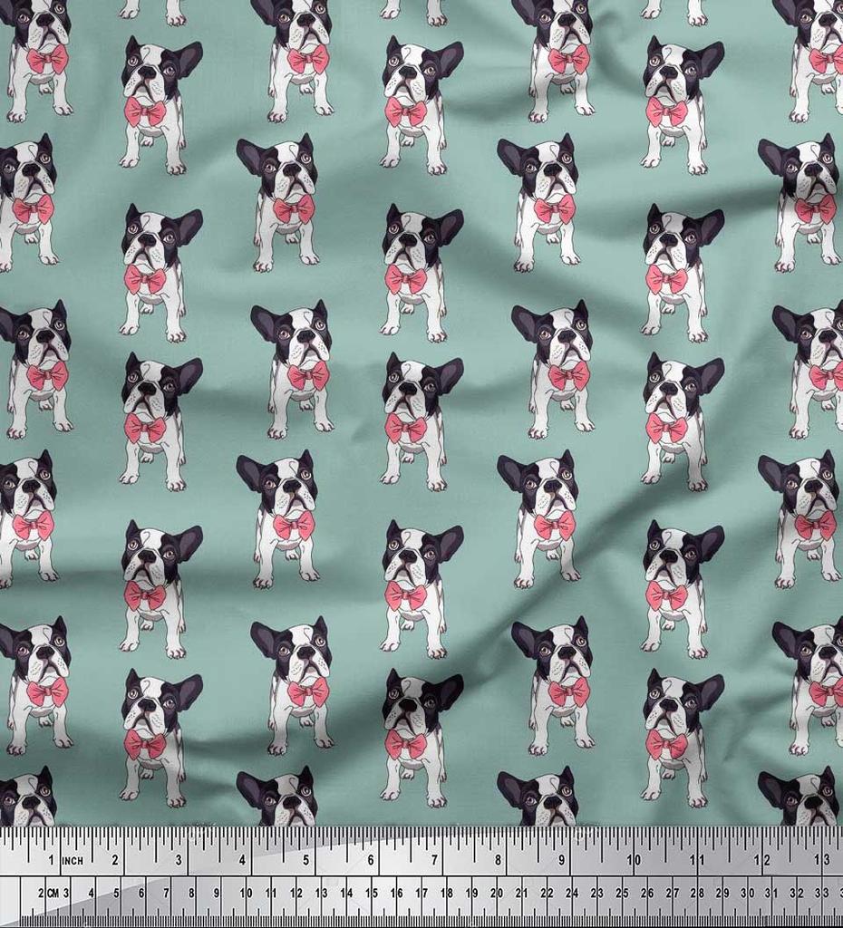Soimoi Japan Crepe Satin Fabric Bow & Boston Terrier Dog Print Fabric by the Metre 42 Inch