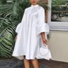Women Loose Dresses Stand Collar Three Quarter Sleeves Oversized White Yellow Plus Size Dress for Ladies