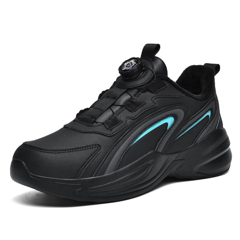 Autumn New Waterproof Leather Sneakers Men's Rotating Button-free Shoelaces Non-slip Large-size Youth Running Shoes