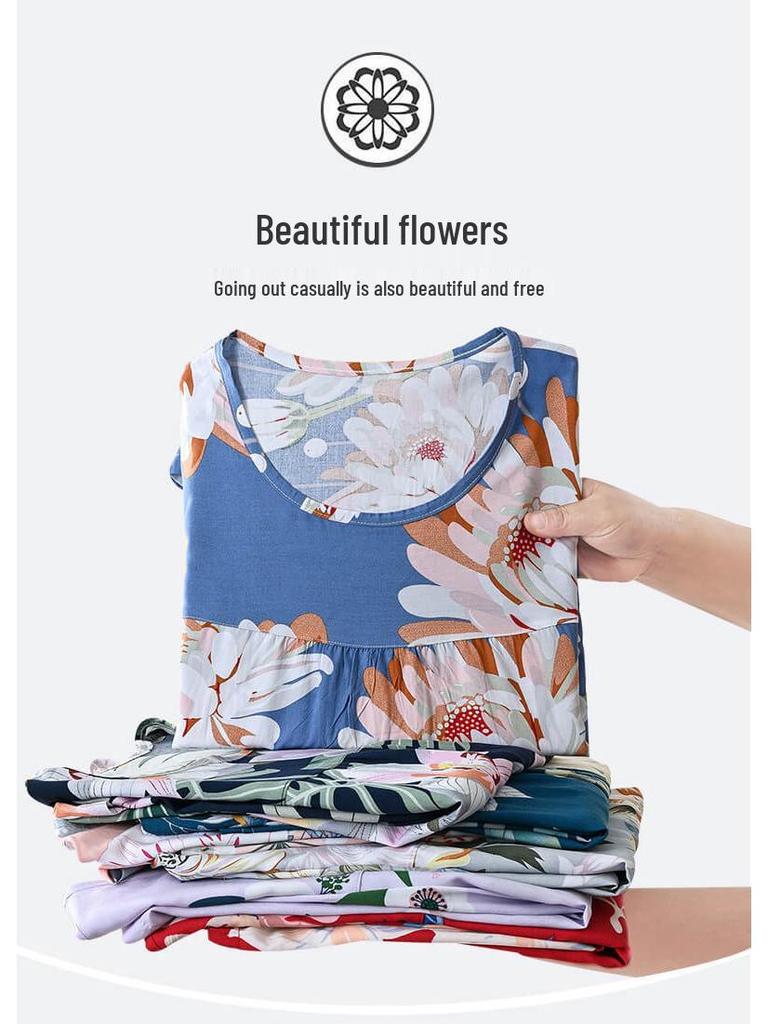 Женский летний хлопковый пижамный комплект больших размеров для женщин среднего и пожилого возраста - Домашняя одежда с короткими рукавами, подходящая для ношения на улице