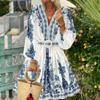 Women's Fashion Autumn New Blue Print V-Neck Long Sleeve Bohemian Dress Elegant Women's Belt Lantern Sleeve Holiday Vestidos