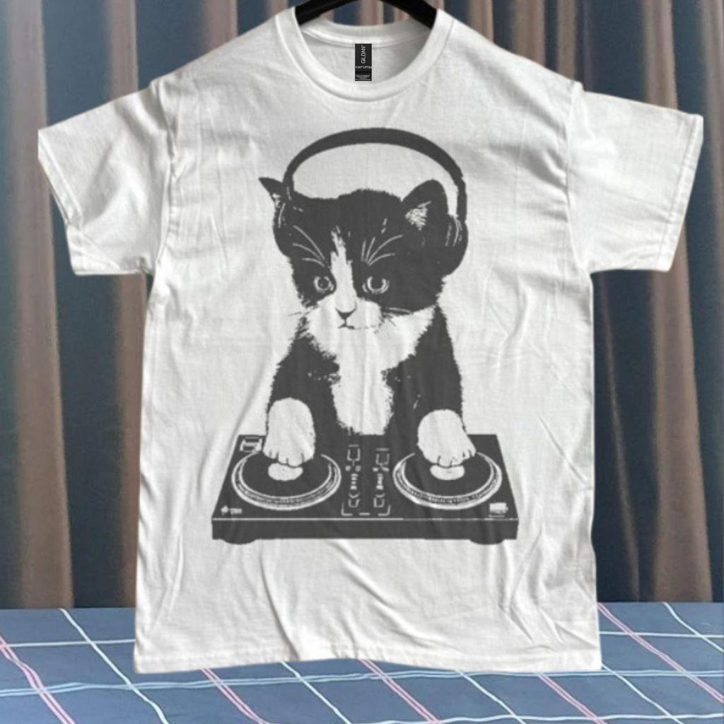 Унисекс футболка с ретро-графикой DJ Cat, смешная, размеры S-5XL