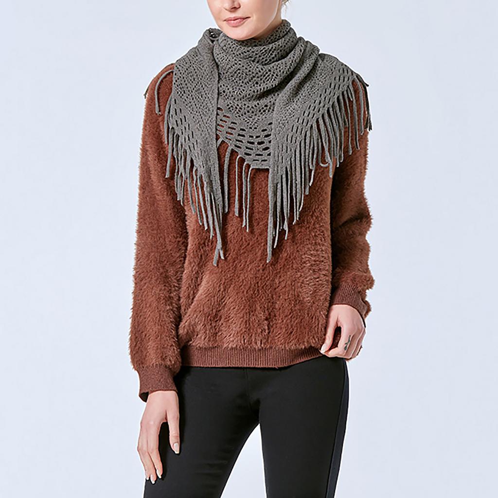 Elegant Women's Knitted Triangular Scarf Imitation Cashmeres Warm Winter Shawl Ponchos with Stylish Fringes Accents
