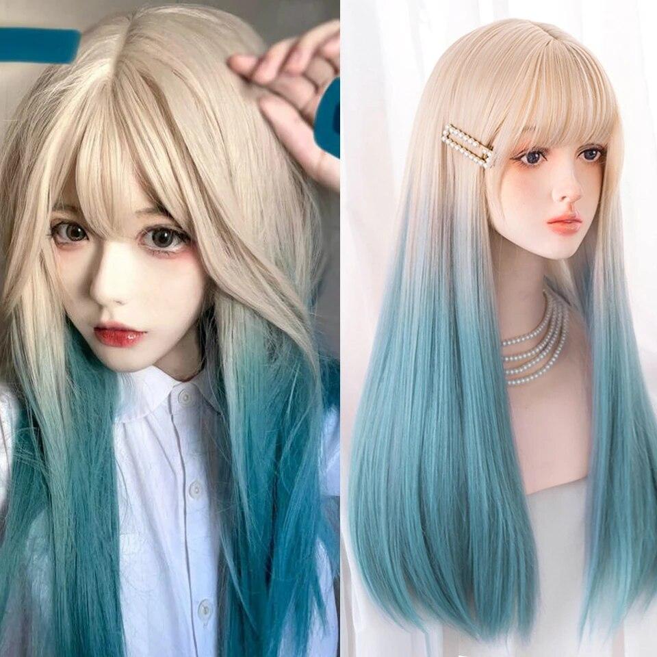 Синтетический длинный прямой розовый парик женский косплей парик с челкой термостойкое волокно повседневные накладные волосы для вечеринок