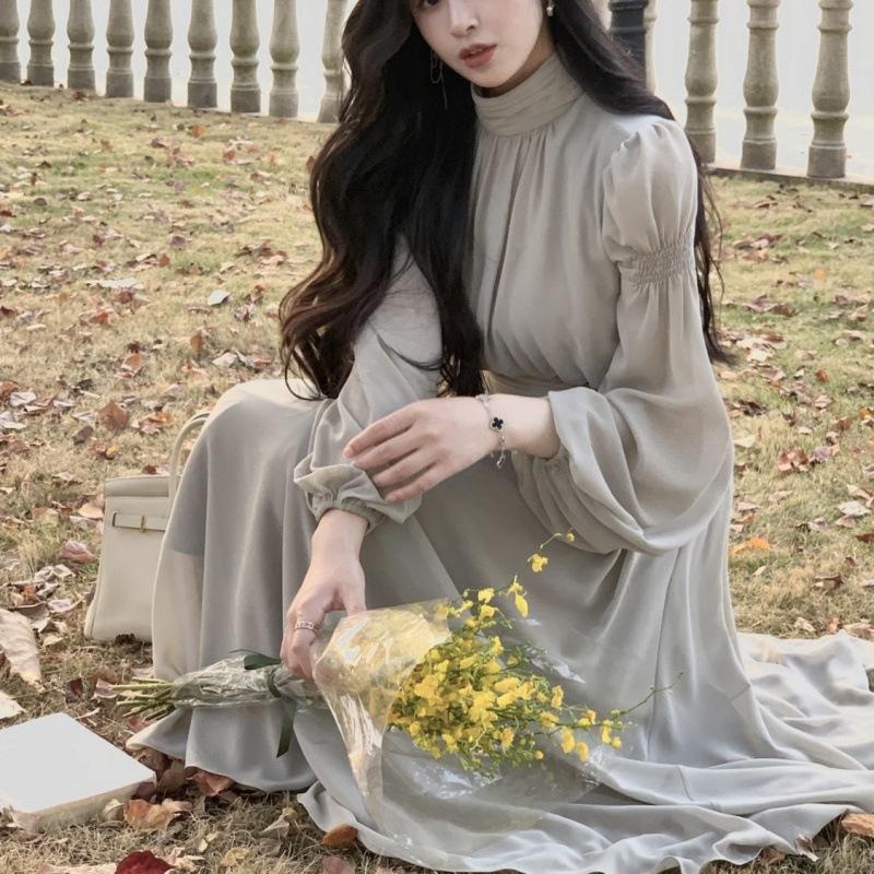 2023 весеннее белое платье миди с высоким воротником, женское элегантное цельное платье с длинным рукавом во французском стиле, корейская мода, дизайн одежды Y2k