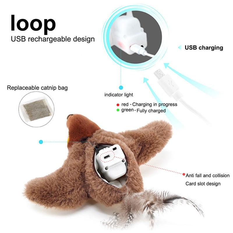 Качели для питомца Воробей Интерактивные игрушки для кошек USB Перезаряжаемые Чирикающая Машущая крыльями птица Не летающая с кошачьей мятой для комнатных игр для кошек