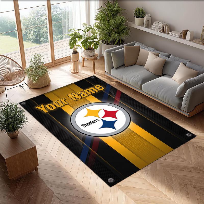 Pittsburgh Steelers Crystal Velvet Rug, Custom Name Text Personalized Non‑Slip Floor Mat for Home Decor Gift