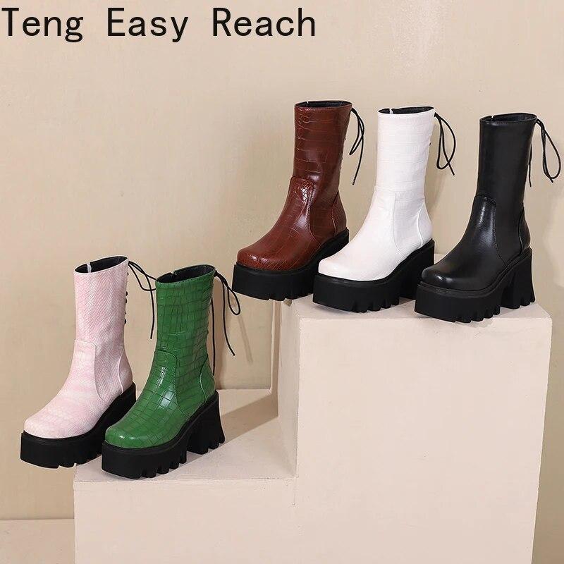 Size 34-44 Est Arrive Est Estpu Zipper Ankle Boots Square Toe Thick High Heels Boots Woman Punk Ladies Platform Boots White