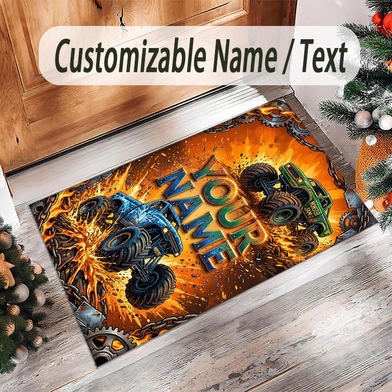 Monster Truck Theme Crystal Velvet Rug Personalized Custom Name Text Soft Floor Mat Home Decor