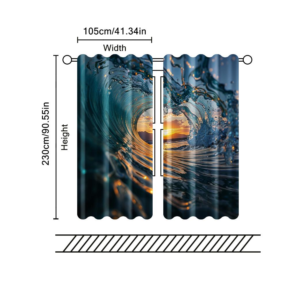 2 pcs, filtering curtains (excluding rods, non-movable, without batteries) Sunset Ocean Wave for use in bedrooms and living