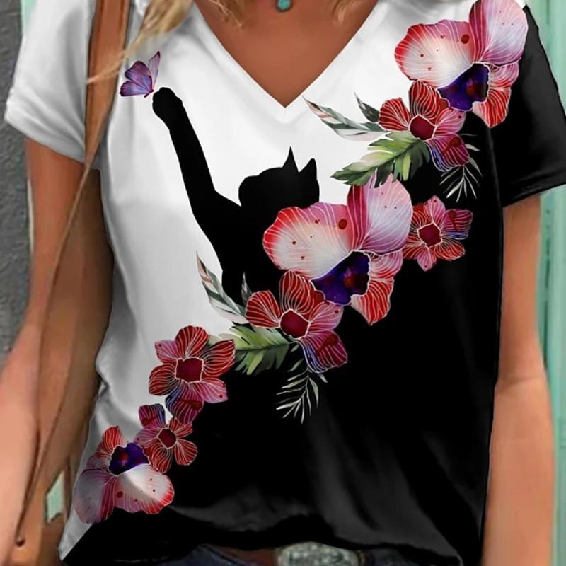 Женская футболка с рисунком кота, базовые топы с V-образным вырезом и геометрическим принтом кота