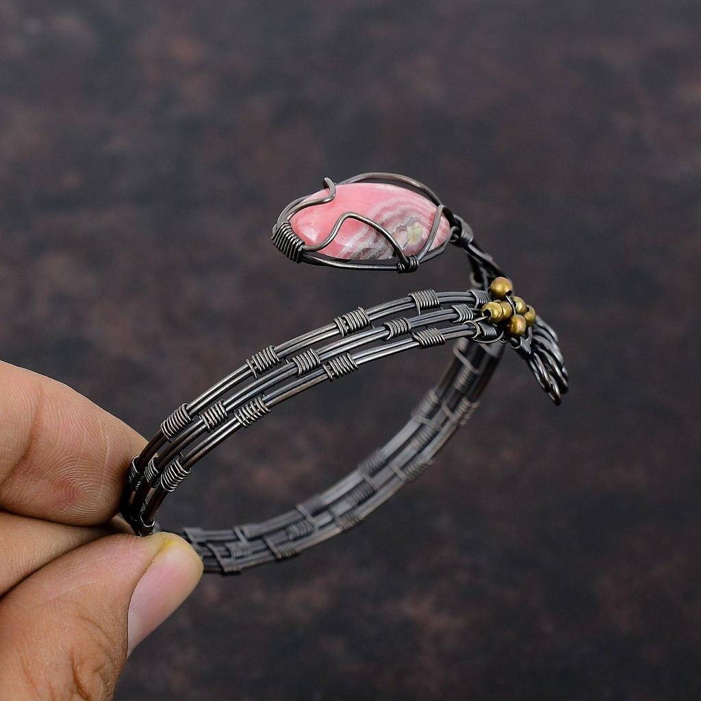 Браслет-манжета с родохрозитом, медная проволока, регулируемый браслет, антикварные ювелирные изделия ручной работы, браслет из настоящего драгоценного камня, ювелирные изделия из медной проволоки для подарка