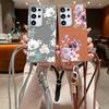 For Samsung S25 Ultra S24 FE S23 S22 A16 A56 A36 A55 A26 A35 Case Flower Pattern Slim Shockproof Matte Leather Texture TPU Soft Lanyard Phone Cover