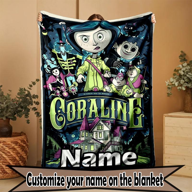 Custom Name Personalized Coraline Print Blanket, Home Decor, Bedroom, Sofa, Camping, Couch, Gifts for Birthday Christmas