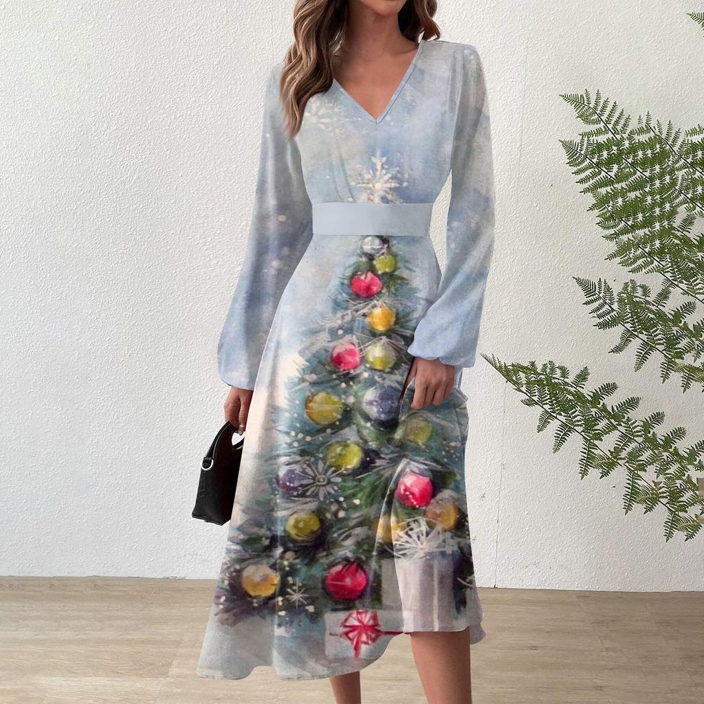 Women's Autumn And Winter Casual Fashion V-neck Long Sleeve Christmas Print Long Dress
