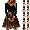 Women's Casual Fashion V-neck Long Sleeved Retro Christmas Print Retro Dress