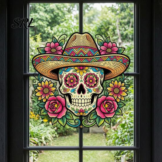 Customizable Vinyl Wall Graphics Flower Skull Sticker, Day of The Dead Decorative Mexican Style Festival Ornaments Decals, Waterproof PVC Removable