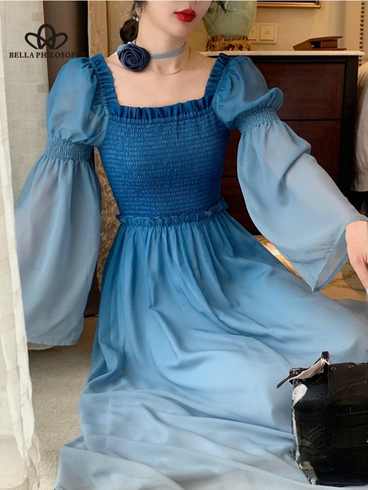 Французское винтажное платье миди, женское повседневное вечернее платье с длинным рукавом, элегантное синее весеннее пляжное цельное платье, корейская мода