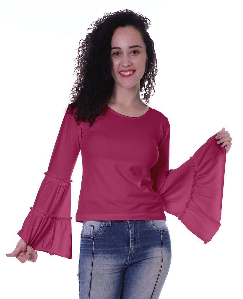 Moomaya Womens Long Bell Sleeves Tshirt Top Round Neck Plain Casual Fit Summer Tee