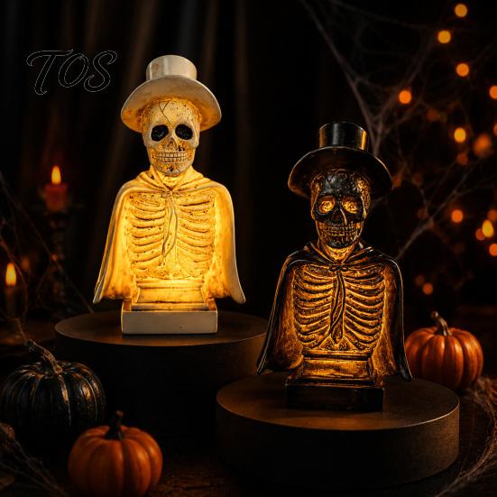 Desktop Ornament for Dark Style Decor Gothic Halloween Skull Sculpture with Top Hat And Cape, Spooky Resin Creepy Statue Holiday Skeleton Figurine LED