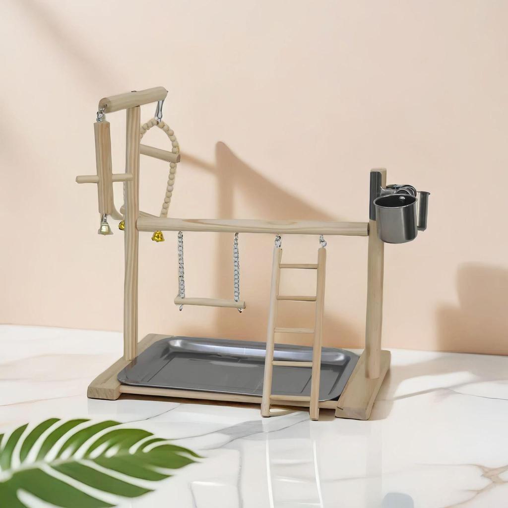 Игровая площадка для попугаев из цельного дерева: Подставка для птиц с контейнером для еды из нержавеющей стали, палкой и лестницей