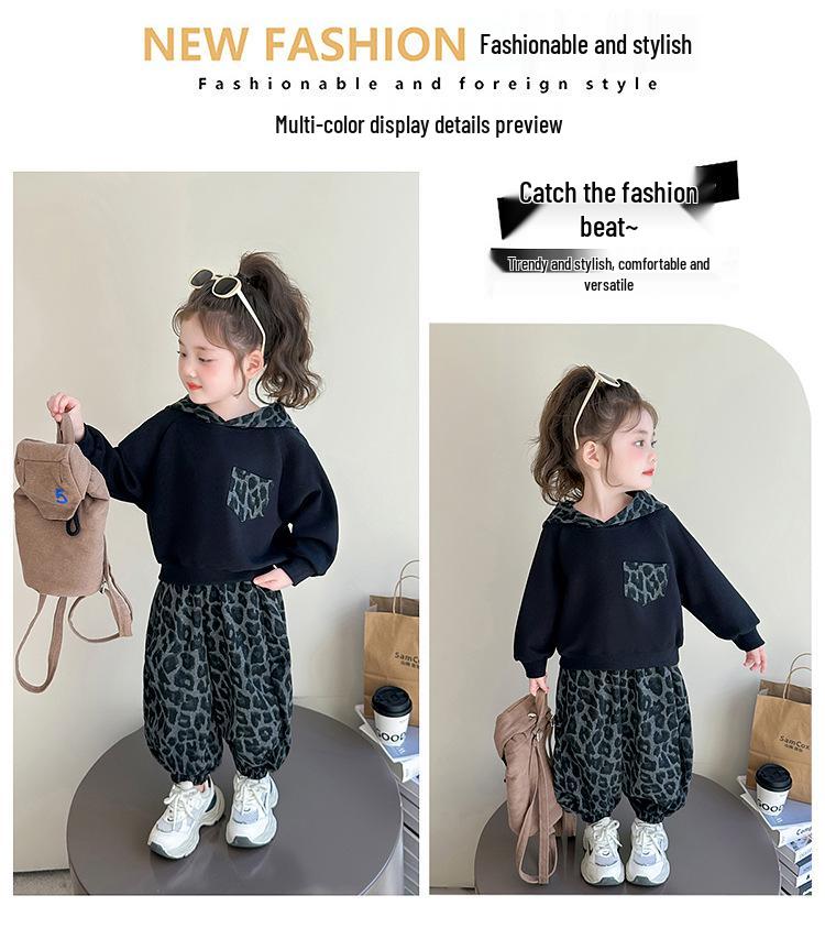 Girls' Korean-Style Leopard Print Hooded Sweatshirt and Pants Set - 2025 Spring/Autumn Fashion