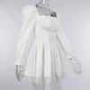 Women Fall Cute Sweet Puff Sleeve Square Collar Solid Color High Waist A-line Lace Princess Dress