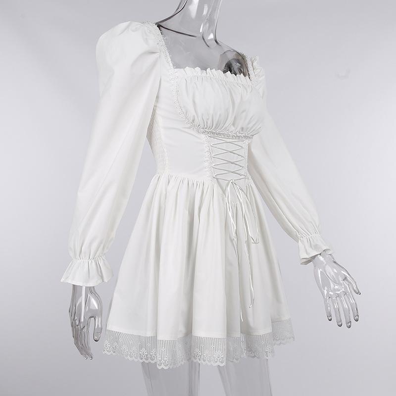 Women Fall Cute Sweet Puff Sleeve Square Collar Solid Color High Waist A-line Lace Princess Dress