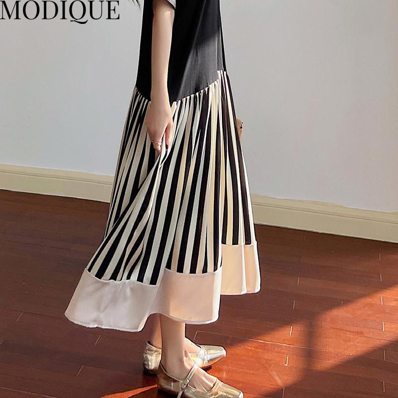 MODIQUE Летние женские свободные универсальные трапециевидной формы в полоску в стиле пэчворк, плиссированные хлопковые футболки больших размеров, длинные платья, женские повседневные платья с короткими рукавами и круглым вырезом