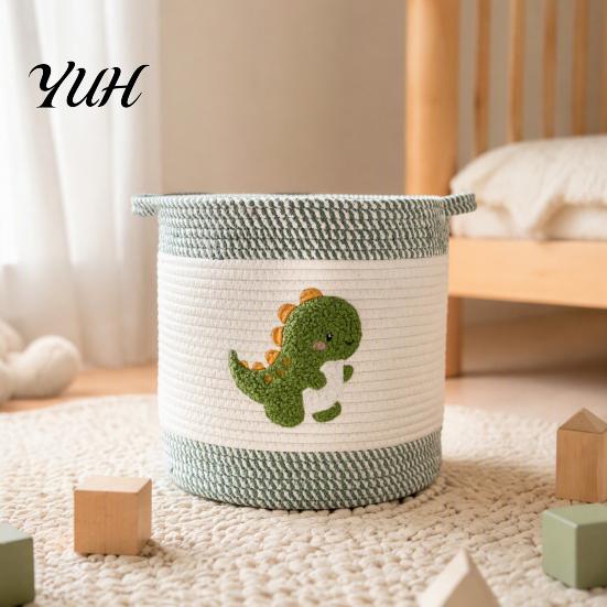 Foldable Sundries Holder Large Cotton Woven Storage Basket, Cartoon Embroidery Toy Organizer Bin, Soft Fabric Container Capacity with Reinforced