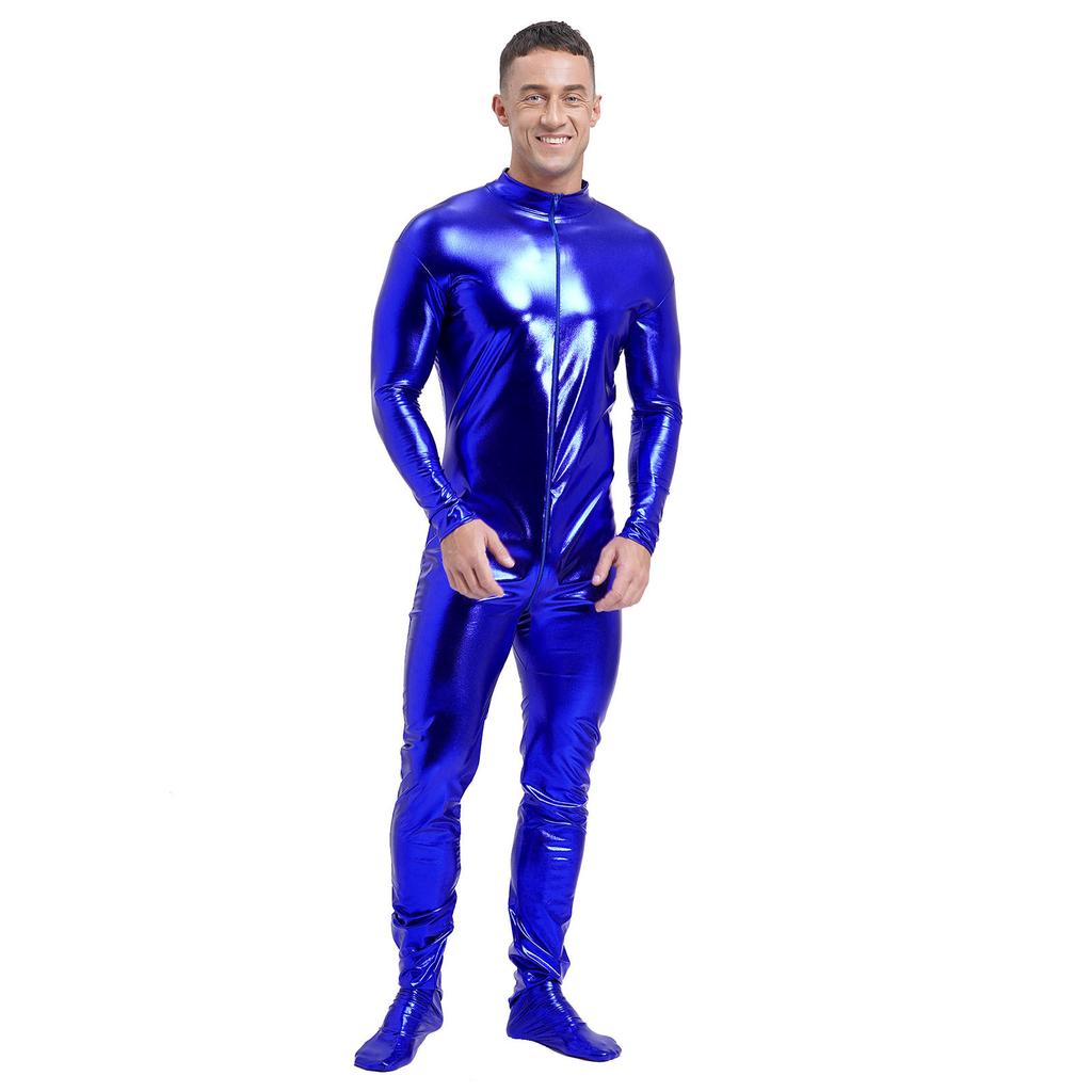 Mens Metallic Zentai Jumpsuit Full Body Tight Mock Neck Long Sleeve Club Performance Costume
