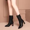 2024 Высококачественная женская обувь, женские сапоги до середины икры, модные современные сапоги с застежкой-молнией сзади, женские сексуальные сапоги с острым носком и плиссированным каблуком