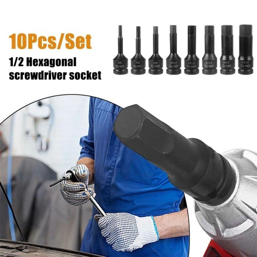 10PCS Cr-Mo Steel Impact Wrench Socket 1/2 Inch Drive Metric Power Nuts Driver Socket Removal