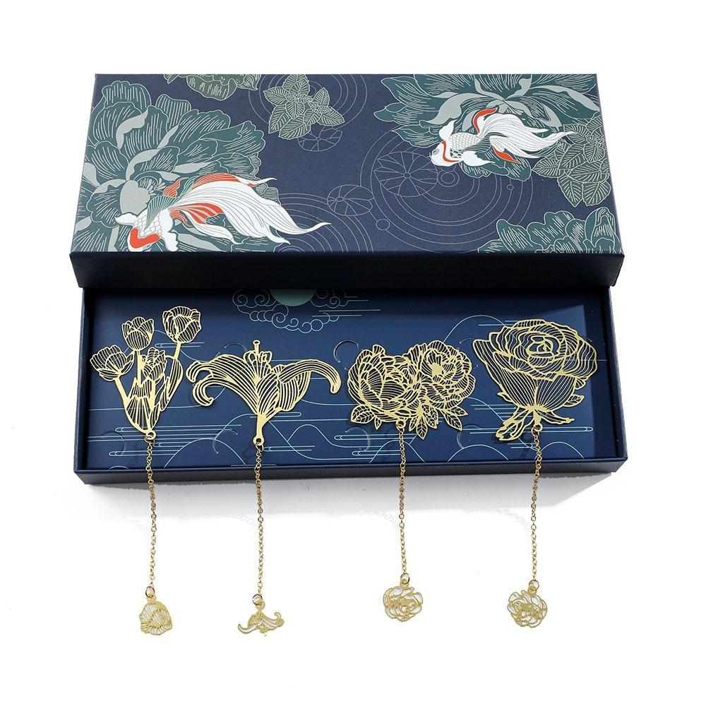4pcs/set with Tassel Book Page Marker Hollow Brass Reading Marker Chinese Style Bookmarks Literary
