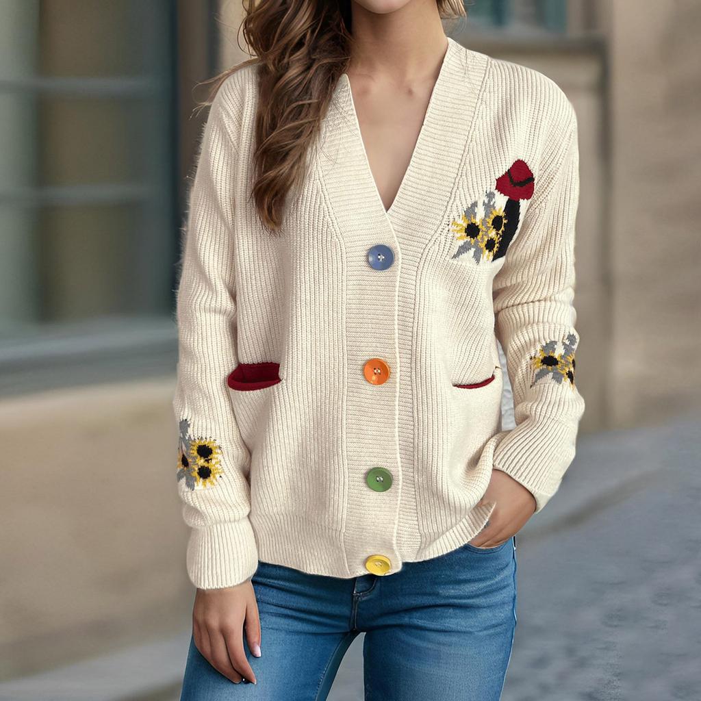 Цветочная вышивка вязаный свитер V-образный вырез контрастного цвета женский свитер повседневное универсальное пальто