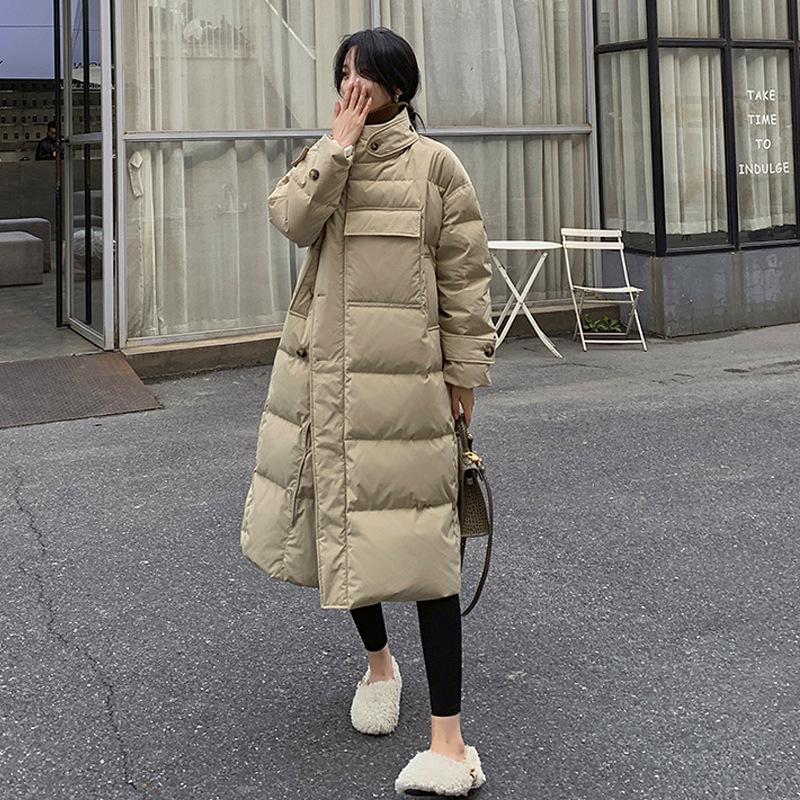 Ветрозащитное пальто с воротником-стойкой, зимние женские пуговицы, большие карманы, длинная парка, утепленная теплая хлопковая куртка, корейская куртка-пуховик