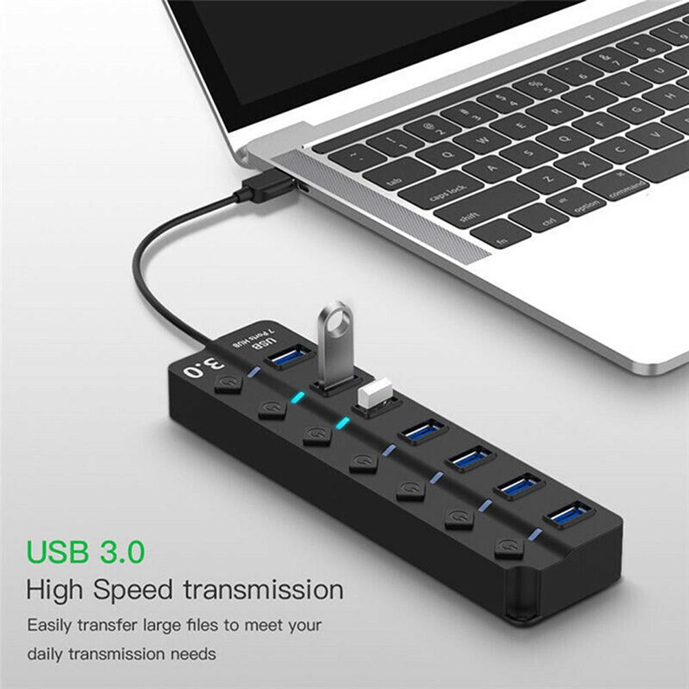 USB Hub 3.0, 7-портовый USB-разветвитель концентратора данных с индивидуальными переключателями включения/выключения. Расширение для MacBook, Mac Pro/Mini и других устройств.