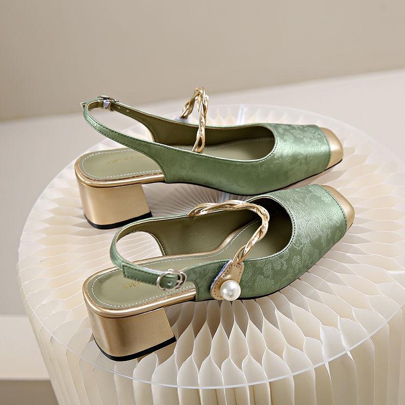 Новый китайский стиль, национальный стиль, сандалии баотоу, женские туфли Мэри Джейн на среднем каблуке, летний темперамент, толстый каблук, высокий каблук, одинарные туфли