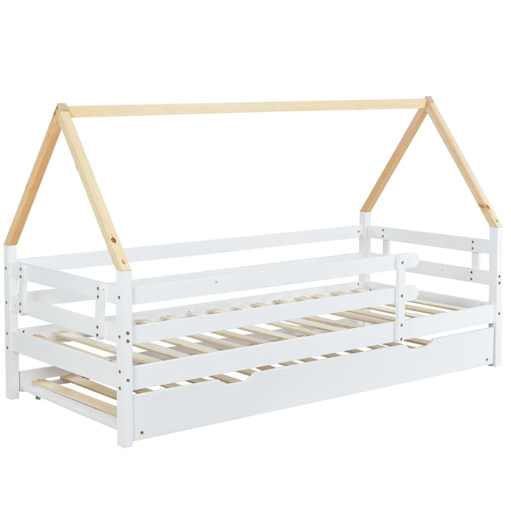 Children's Bed Fliek House Bed 200x90cm with Fall Protection and Slatted Frame, Daybed with Rollers Underneath for Girls & Boys, White+Natural-colored