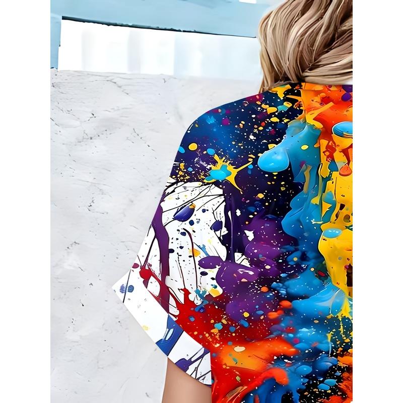 Women's Full-Body Splatter Art Print Short-Sleeve Button Shirt Lightweight Summer Casual Collar Loose Fit for Art Studios Music