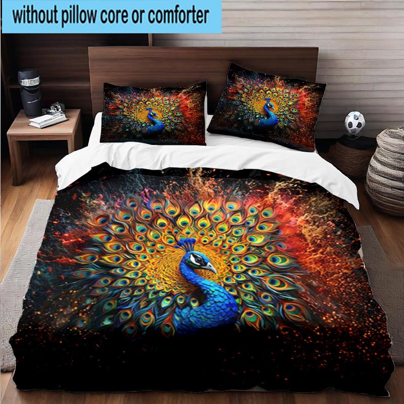 Blue Peacock Blossoms 3pcs Bedding,Including 1pc Duvet Cover And 2pcs Pillowcases Perfect for Christmas,Ideal for Bedroom, Dormitory