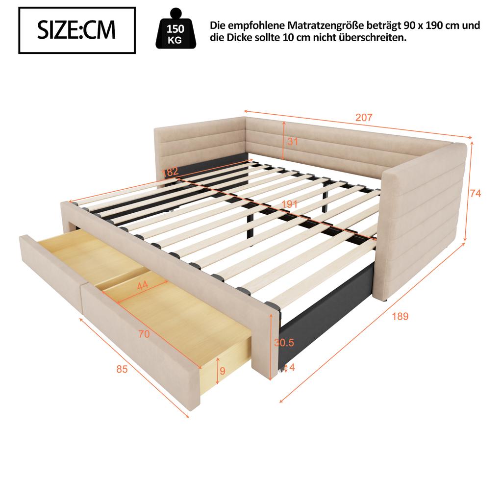 Upholstered 3-in-1 Sofa Bed 90 x 190 cm, Drawers, Convertible into Single/Double with Slatted Frame, Cotton and Linen, beige (Mattress not included)