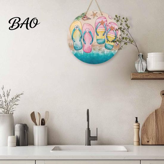 Natural Hemp Rope Sign Round Wooden Door Hanger, Watercolor Beach Welcome Sign, Hello Sunshine Farmhouse Porch Please Wall Plaque for Summer