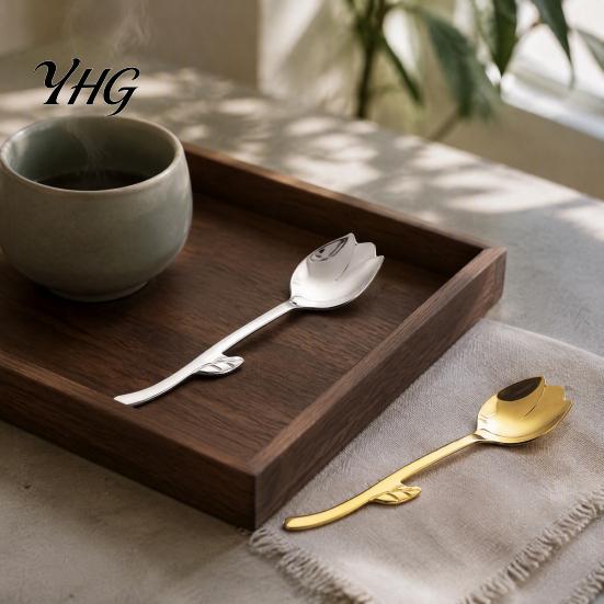 Dishwasher Safe Spoon Tulip Shaped Stainless Steel Spoon, Long Handle Coffee Ice Cream Kitchen Flatware Dessert Serving with Hanging Hook, Utensils