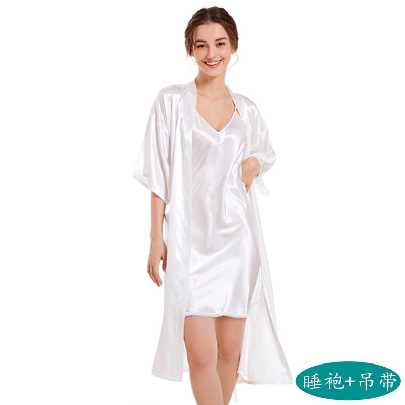 Женская домашняя одежда весна-осень средней длины, однотонная одежда для отдыха, сексуальный халат с V-образным вырезом, комплект из двух предметов, пижамная одежда из ледяного шелка