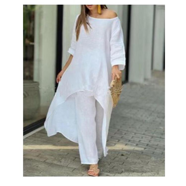 Summer Women Fashion Casual Cotton Linen Suit Irregular Long Sleeve Wide Leg Pants Two-piece Suit Plus Size