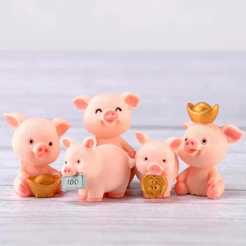 Small Pig Resin Ornaments Creative Mini 5 Kinds Cartoon Pig Statuary Decorative Suitable Home Desktop Cute Animals Decor Statue