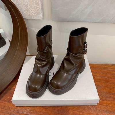 Новый тренд Spice Girl плиссированные брюки-трубы женские полусапожки 2025 осень и зима универсальные британские рыцарские сапоги толстый каблук