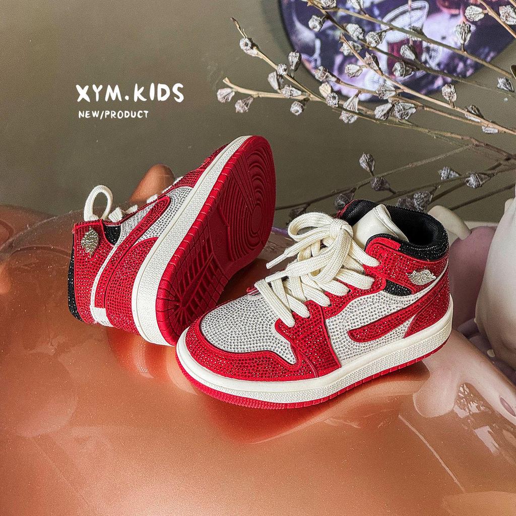2026 Spring Children's Fashion High-Top Red Rhinestone Sneakers