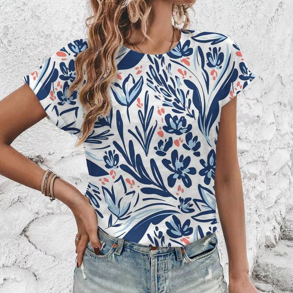 Women's T-Shirt Fashion Retro Floral Pattern Print T-Shirt Women's Leisure Short Sleeve T-Shirt Summer Oversized T-Shirt Tops